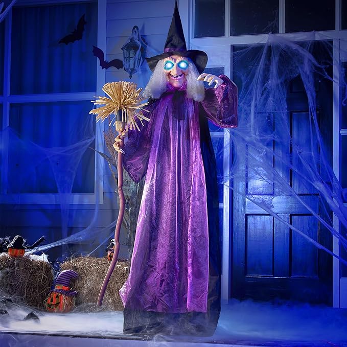 JOYIN 72" Outdoor Halloween Decorations Witch Life Size Animated with LED Eyes and Creepy Sound, Radar Motion Activated Animatronics Clearance for Haunted House Decor Lawn Yard Patio