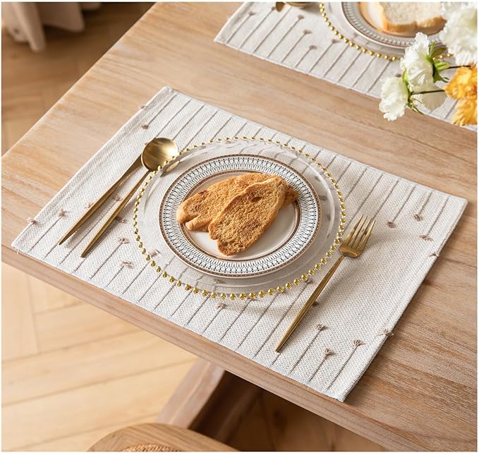 Placemats Set of 4 for Dining Table Décor, Woven Cloth Place Mats for Farmhouse Kitchen Tabletop, Handcrafted Machine Washable Cotton Table mats 13 x 19 Inch, Taupe and Beige