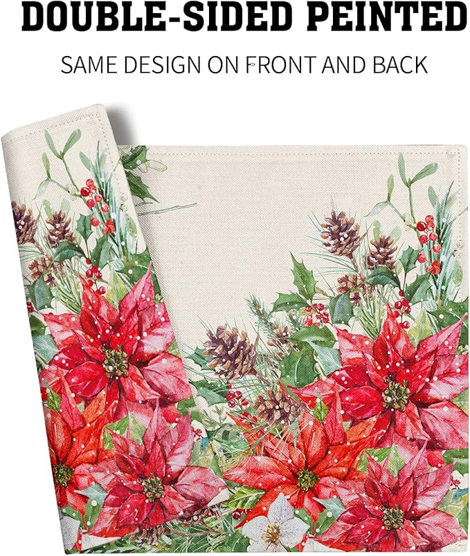 Giwawa Poinsettia Placemats Set of 4, 12x18 Inch Watercolor Christmas Red Floral Linen Table Mats for Kitchen Dining, Winter Holly Berry Pine Cones Washable Heat Resistance for Party Holiday Decor