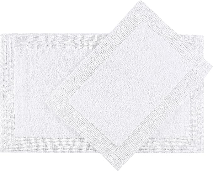 Bedding Craft Cotton Bathroom Mat Set, Reversible Water Absorbent Bath Mat Rug, Machine Washable, 2 Pieces (17x24 + 21x34)