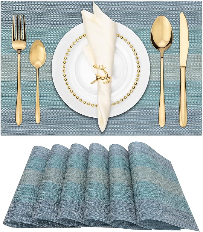 Winknowl Placemats, Set of 6 Heat Resistant Stain Resistant Woven Vinyl Insulation Placemats, Durable Washable Elegant Table Mats for Dining (Blue)