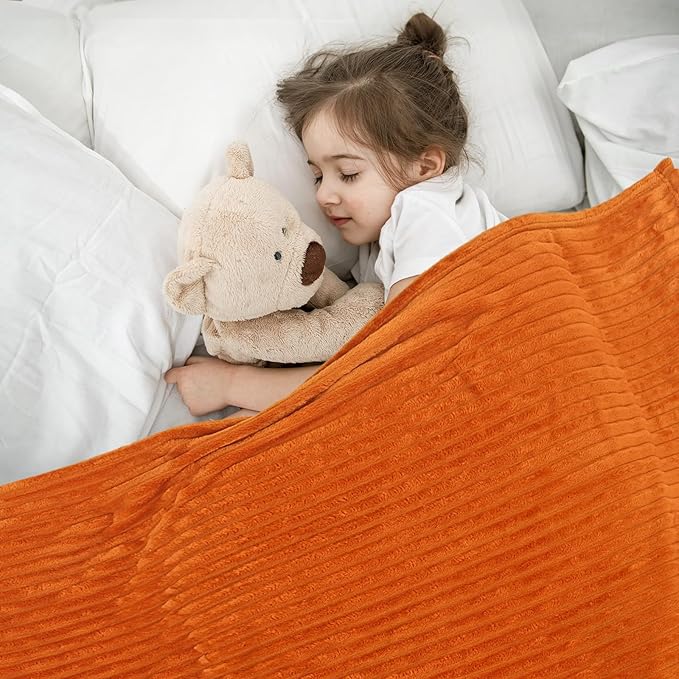 Vessia Flannel Fleece Throw Blanket, 300GSM Cozy Orange Striped Blanket for Kids and Adults, Warm and Soft Microfiber Ribbed Couch and Sofa Throw for All Season(50x40inch)