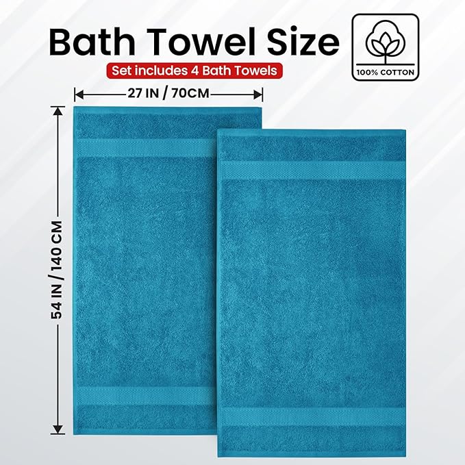 Infinitee Xclusives Luxury 100% Ring-Spun Cotton Bath Towels Set of 4 (27x54 inches) – Soft, Absorbent & Quick-Drying Towels for Bathroom, Gym, Spa & Hotel Use (Serene Teal)