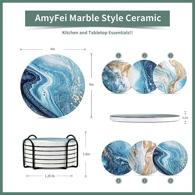 Drink Coasters with Holder, Ceramic Drink Coaster Sets of 6, Marble Blue Ocean Style Absorbent Ceramic Coasters with Cork Base for Home Decor, Kitchen, Gift, Bar, Coffee Table(4 Inches)