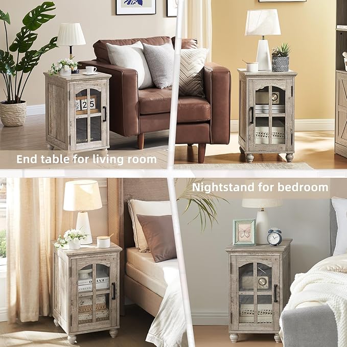 Farmhouse End Table Set of 2 with Charging Station, 18'' Narrow Side Table and 24" Large Sofa Table with Glass Barn Door Storage, Wood Night Stand Bedside Cabinet for Living Room,Bedroom