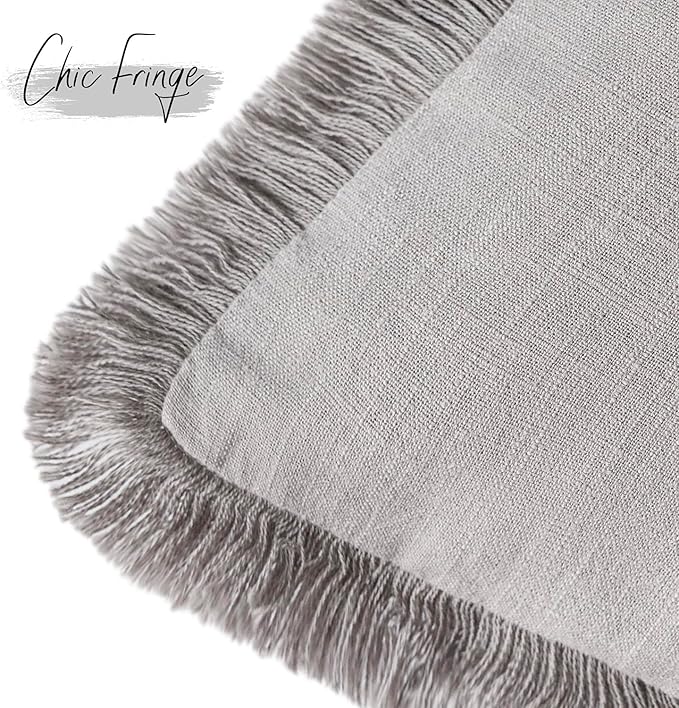 Foindtower Set of 2 Decorative Linen Fringe Throw Pillow Covers Cozy Farmhouse Cushion Cover with Tassels Accent Pillowcase for Couch Chair Sofa Bed Living Room Home Decor,20×20 Inch,Light Rustic Gray