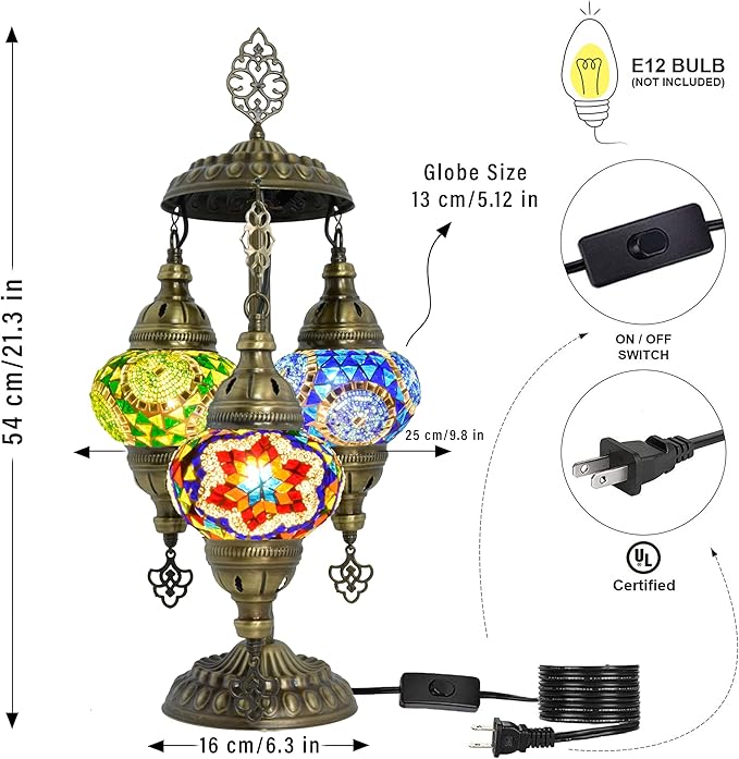 Mozaiist Anatolian Star Turkish Mosaic Glass Table Lamp, Metal Base, 3 Globe
