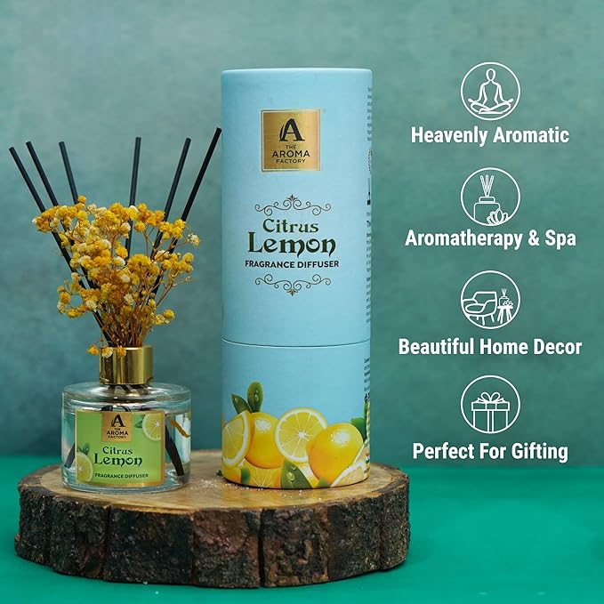 The Aroma Factory Fragrance Reed Diffuser Set with Natural Essential Oil, Aroma Sticks & Real Preserved Flowers | Luxury Home Decor Scent (Citrus Lemon, 1 Pack)