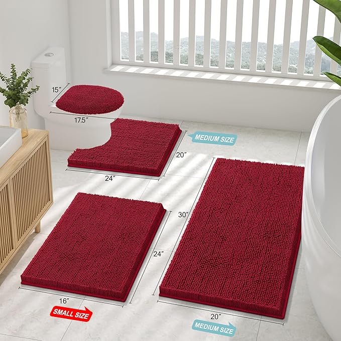 Smiry Luxury Chenille Bathroom Rugs 47x17, Extra Soft and Absorbent Shaggy Bath Mat, Machine Washable, Non-Slip Plush Carpet Runner for Tub, Shower, and Floor, Home Decor Accessories, Red