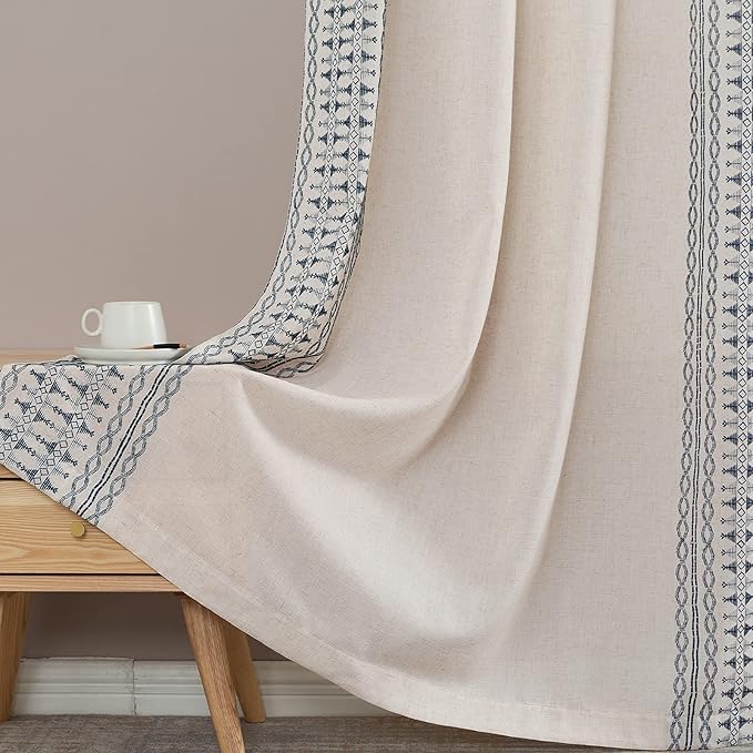 Lazzzy Blue Boho Linen Blend Curtains 63 Inch Long for Bedroom, Living Room, Bohemian Embroidered Light Filtering Window Drapes, Grommet Window Treatment, Set of 2 Panels, Blue on Beige