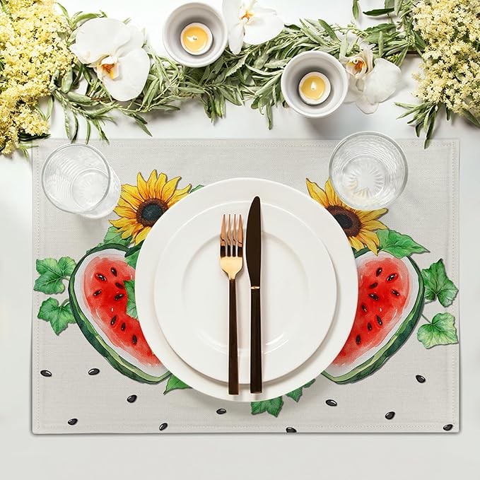 Summer Watermelon Placemat Set of 4,Sunflowers Table Mats Non Slip Heat-Resistant Washable Table Place Mats for Kitchen Dining Table Home Decoration 12 x 18 Inch