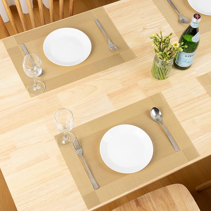 Winknowl Placemats, Set of 8 Heat Resistant Stain Resistant Woven Vinyl Insulation Place mats, Durable Washable Elegant Table Mats for Dining (Golden)