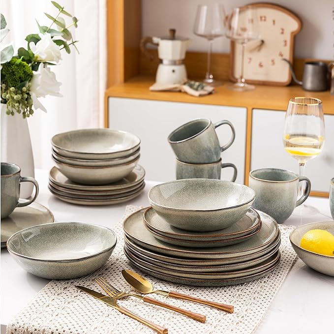 AmorArc Ceramic Dinnerware Sets of 8,Handmade Reactive Stoneware Glaze Plates and Bowls Sets,Highly Scratch Resistant | Dishwasher & Microwave Safe,Service for 8 Dishes Set (24pc)