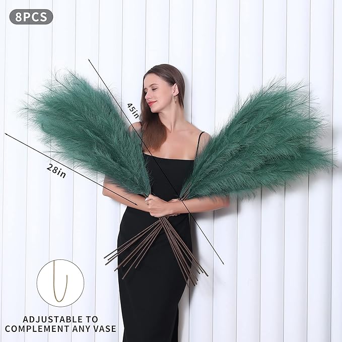 8 Pcs 45 inch Tall Faux Pampas Grass Decor, Large Artificial Green Pompous Grass Bulk, Long Fake Pompas for Floor Vase Filler, Wedding, Baby Shower, Home and Boho Decor (Green)