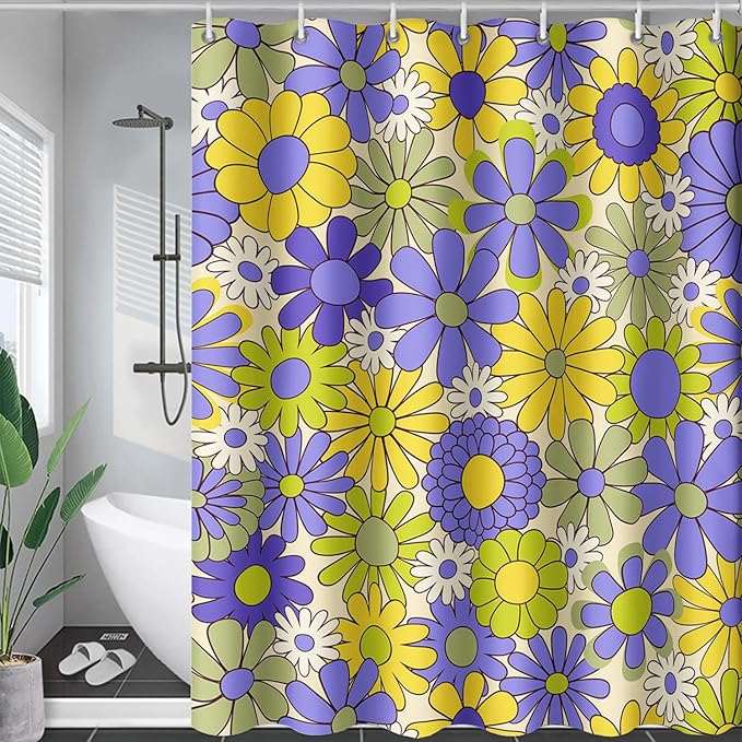 AILONEN Flower Shower Curtain for Bathroom,Polyester Fabric Waterproof,Purple Yellow Plants Flowers Bath Curtains Washable, 72" W x 72" H