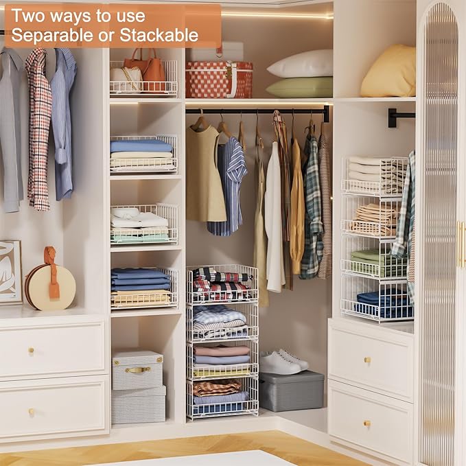 4-Tier Sliding Closet Organizers and Storage Shelves, Stackable Closet Shelf Organizer Basket Bins, Drawer Shelf Storage Container for Wardrobe Cupboard Kitchen Bathroom Office, White