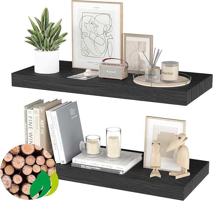 Floating Shelves for Wall- 17 Inch Natural Wood Black Shelves for Bathroom, Bedroom, Kitchen Decor, Farmhouse Decor Set of 2