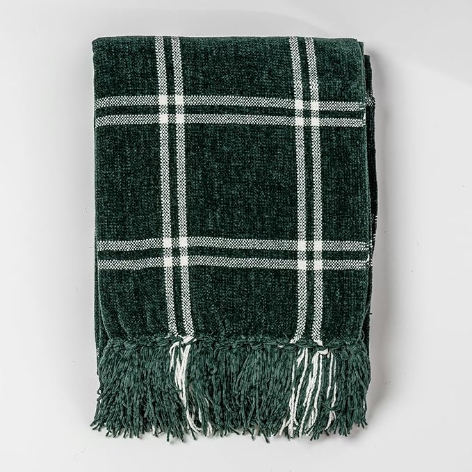 EVERGRACE Plaid Chenille Throw Blanket for Couch, Super Soft Cozy Decorative Windowpane Grid Plaid Throw with Tassels, Lightweight Chenille Knit Throw for Bed Sofa Gift, Dark Green & White 50”x60”