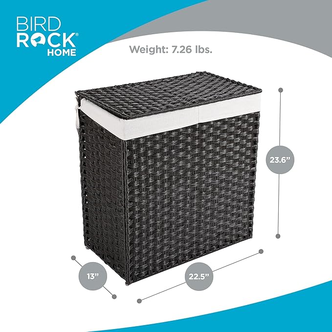 BIRDROCK HOME Laundry Hamper with Lid - Hand Woven PE Rattan Divided Sorter with Removable Liner Bags - Large Collapsible & Foldable Bin Clothes Basket Organizer for Bedroom & Bathroom - Double, Brown