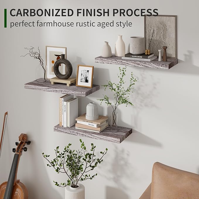 Marsmiles Wood Floating Shelves for Wall Set of 3, 17 Inch Wide Rustic Wooden Floating Shelves, Invisible Wall Mounted Display for Living Room Bedroom Kitchen Bathroom Office, Weathered