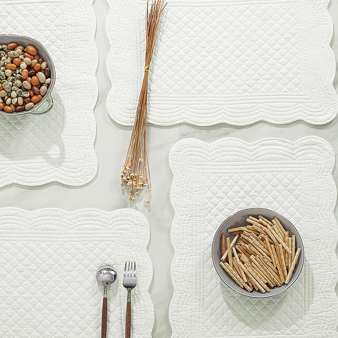 HOMBYS Quilted Placemats Set of 6 Washable-13x18 inches Rectangular Placemats for Kitchen Table-100% Cotton Fabric Rectangular Table Mats, (Cream White)