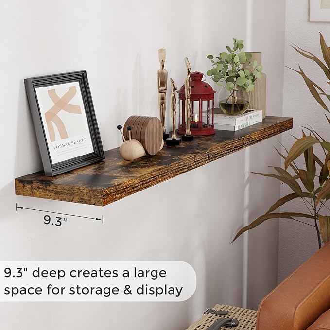 55 Inch Brown Floating Shelves, 9.3 Inch Deep Wall Mounted Floating Shelf, 55 x 9.3 Large Storage Wall Shelf for Living Room, Floating TV Stand, Farmhouse Rustic 55" Long Fireplace Mantel