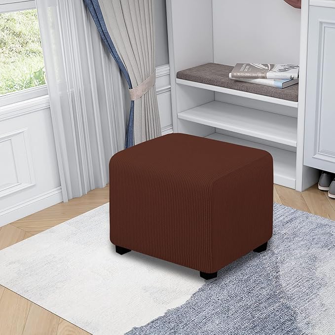 Easy-Going Stretch Square Ottoman Cover Folding Storage Stool Furniture Protector Soft Slipcover with Elastic Bottom (15x15x15inch, Coffee)