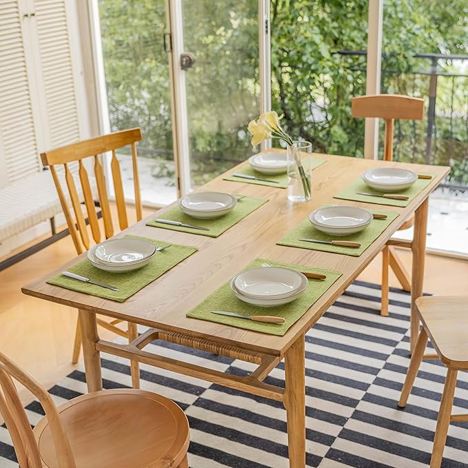 Demetex Table Placemats Set of 8 Olive Green Linen Place Mats Washable Fabric Plate Mats for Picnic Camping Barbecue, 13x19 inch, Lime Green