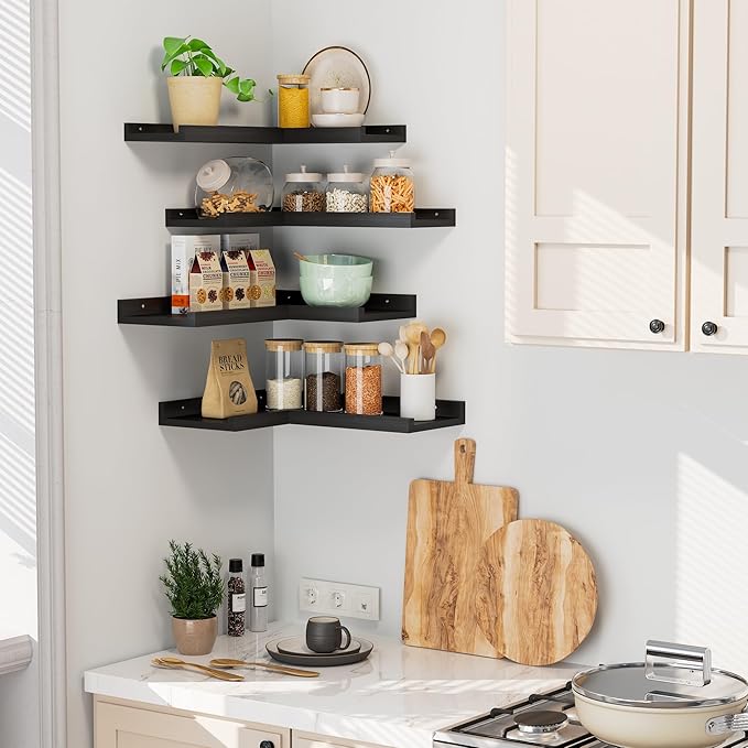 4 Tier Corner Wall Shelf, Floating Corner Shelves with Lip, Black Modern Corner Shelves Wall Mounted, Solid Pine Wood Wall Shelf L shaped shelf for Living Room, Bedroom, Bathroom, Home Storage