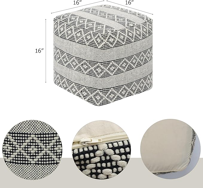 COTTON CRAFT Woven Dhurrie Pouf - Stripe Diamond Pattern Ottoman Footstool Bean Bag - Dorm Bedroom Small Spaces Accent Seating - Prefilled Comfortable Square Pouf Footrest - 16x16 - Ivory Black