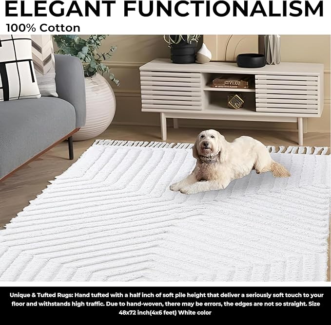Boho Rugs for Living Room 4x6, Farmhouse Cotton Area Rug for Bedroom, Washable Tufted Indoor Floor Carpet for Kitchen Dorm Office Dining Room Office Home Decor, White