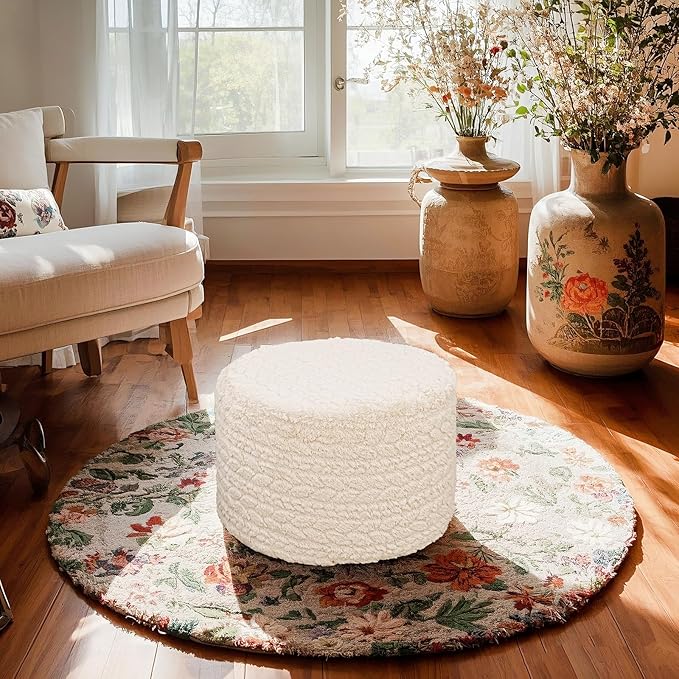 Round Pouf Ottoman 20 x 20 x 14 Inches Boho Poof Home Decor Floor Pouffe Ottoman Foot Rest for Couch Sofa Bean Bag Chairs Living Room Bedroom (Linen White)