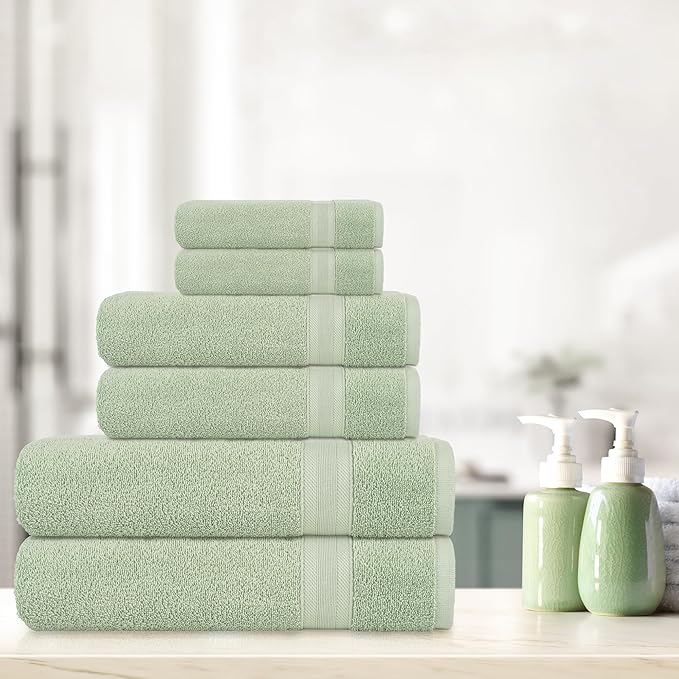 Quick-Dry, Soft & High Absorbent Bath Towels Cotton Turkish Bath Towel Set of 6 | Daily Use 100% Cotton Towels for Bathroom, Gym & More | Bathroom Towels Set (6 Pcs, Green)