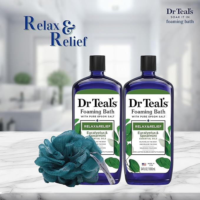 Dr. Teal's Eucalyptus and Spearmint Foaming Bath 34oz Bottles (Pack of 2) with Variety Junction Premium Bath Sponge - Relax and Relief, Bubble Bath, Relaxing, Men's and Women's