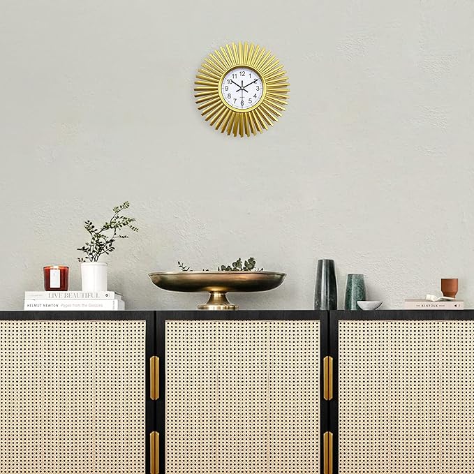 Kitchen Wall Clock, Gold Sunburst Wall Clocks Battery Operated, 10 Inch Modern Decorative Wall Clock for Living Room, Bedroom, Kitchen,Bathroom, Office