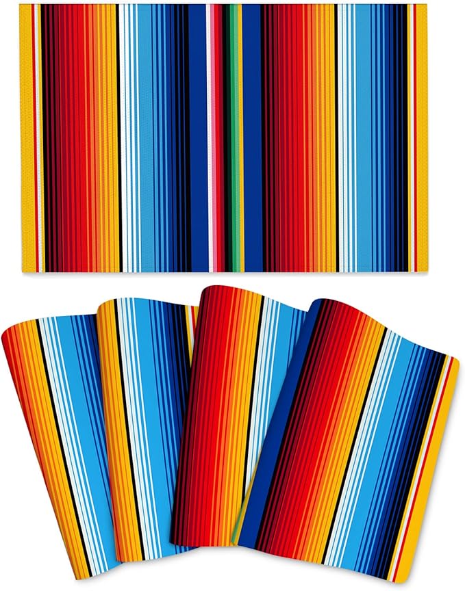 Mexican Placemats Set of 4 Linen 12"x18" Washable Non-Slip Heat-Resistant Rainbow Colorful Stripe Kitchen Table Mats for Dining Outdoor Holiday Party Home Decor