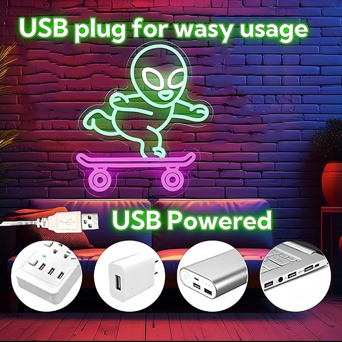 Alien Skateboard Neon Cool LED Light Up Sign For Room Wall decor Neon Alien Sign for Teen Boys Room Decor Dimmable LED Sign for Wall Art Gifts 12.6 * 14.2IN