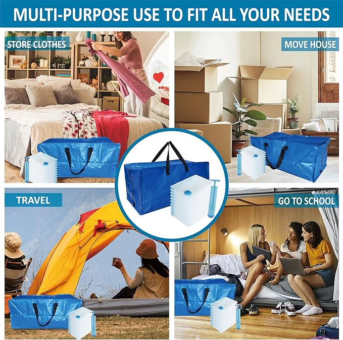 20 Pack Heavy Duty Extra Large Moving Totes with Backpack Straps & Large Vacuum Storage Bags - Space Saving, Fold Flat, Includes Vacuum Bags