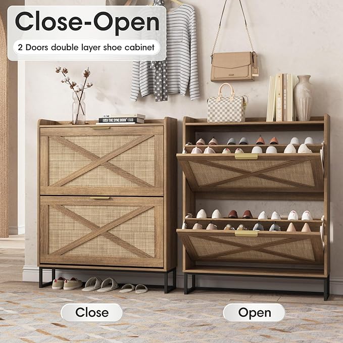 Maupvit Shoe Storage Cabinet with 2 Rattan Flip Drawers, Freestanding Organizer with Metal Legs for Entryway, Narrow Shoe Rack Cabinet, Hidden Golden Handles, Rustic Oak Rattan