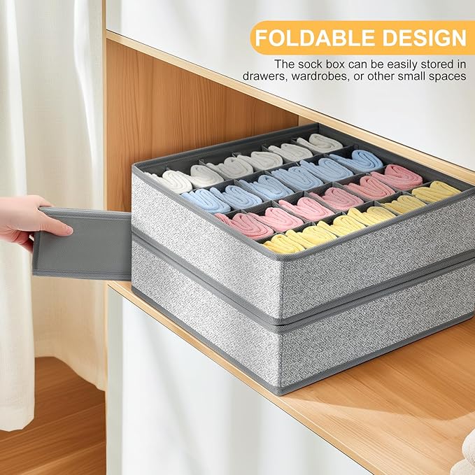 Joyoldelf Sock Drawer Organizer Divider Underwear Organizer 24-cell Fabric Dresser Drawer Organizers Storage Boxes for Socks Lingerie, Handkerchiefs, Ties 4 Pack (Gray)