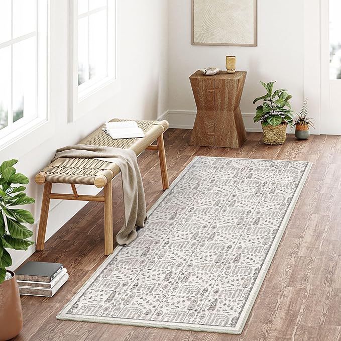 Hallway Runner Rug 2x6 Washable Grey Kitchen Carpet Non Slip Boho Thin Floral Farmhouse Throw Accent Long Rug for Laundry Bathroom Office Bedroom