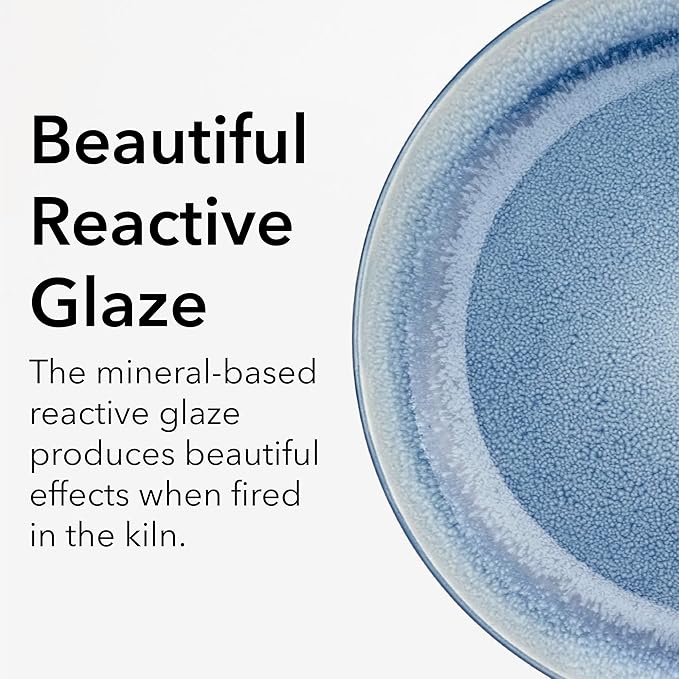 FAIT Round Stoneware 16pc Double Bowl Dinnerware Set for 4, Dinner Plates, Side Plates, Cereal Bowls, Pasta Bowls - Reactive Glaze Blue (449322)