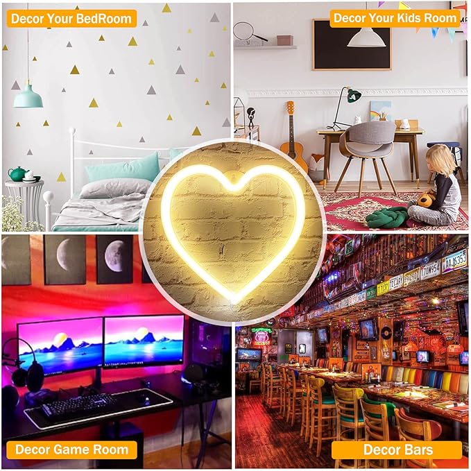 LED Light Neon Sign Room Decor - Yellow Night Light for Valentines Day - Hanging USB/Battery Operated Heart Lights for Window (Warm White)