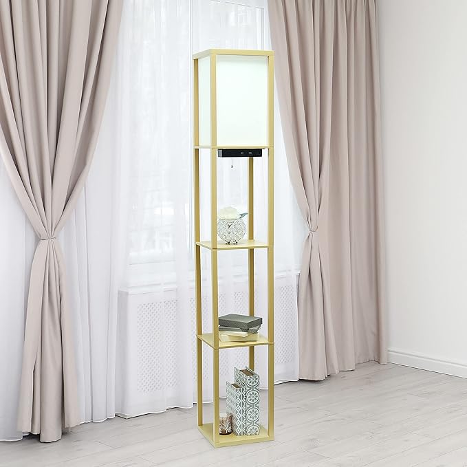Simple Designs LF1037-TAN Floor Lamp Etagere Organizer Storage Shelf with 2 USB Charging Ports, 1 Charging Outlet and Linen Shade, Tan