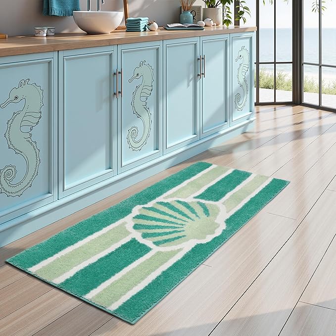 Green Beach Long Bathroom Rugs Non Slip Washable Cute Coastal Bath Mats Rugs for Bathroom Floor Nautical Fluffy Plush Soft Absorbent Farmhouse Carpet for Shower, Tub, 24x60 inch
