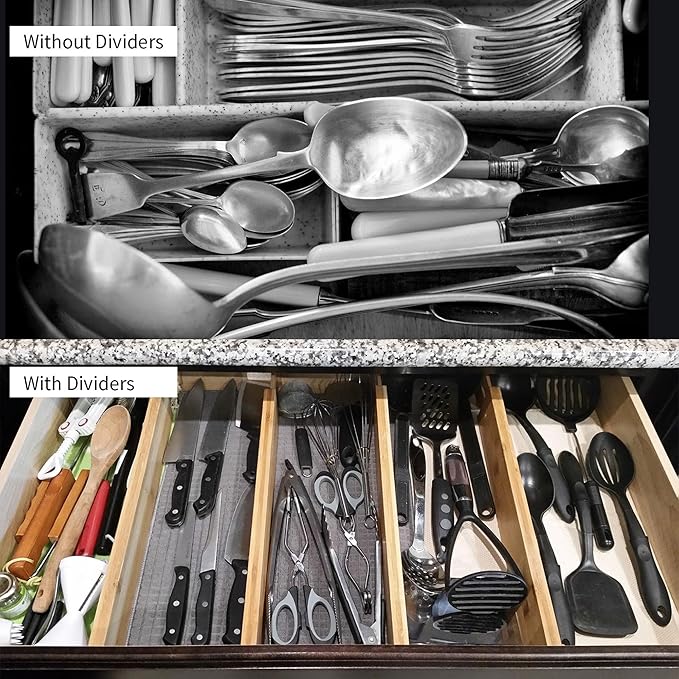 Utoplike 4 PCS Bamboo Kitchen Drawer Dividers(Fits 15"-17.7" Drawer Inner Size), Adjustable Drawer Organizers for Socks, Spring Loaded, Works in Drawer for Bedroom, Kitchen, Dresser, Bathroom, Desk