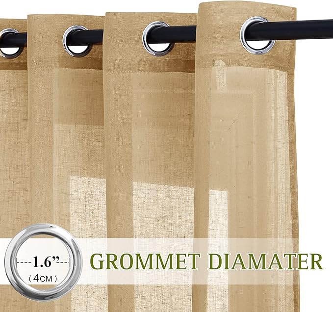 NICETOWN Sheer Linen Curtains Flax Texture 96 inch Long for Sliding Door, Grommet Semi Sheer Window Drapes Privacy with Light Filtering for Bedroom/Living Room, Camel, W70 x L96, 2 Panels