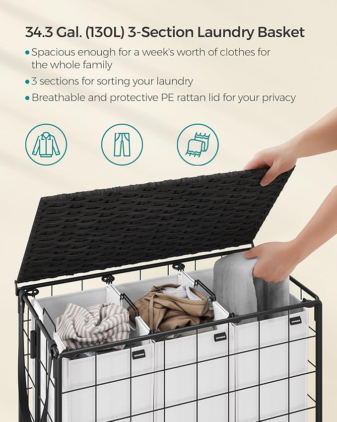 SONGMICS Laundry Hamper, 130L Laundry Basket with Lid, Clothes Hamper with Wheels, Collapsible Removable Liner Bag, Iron-Made Laundry Sorter, Ink Black and Cloud White ULCB313B12