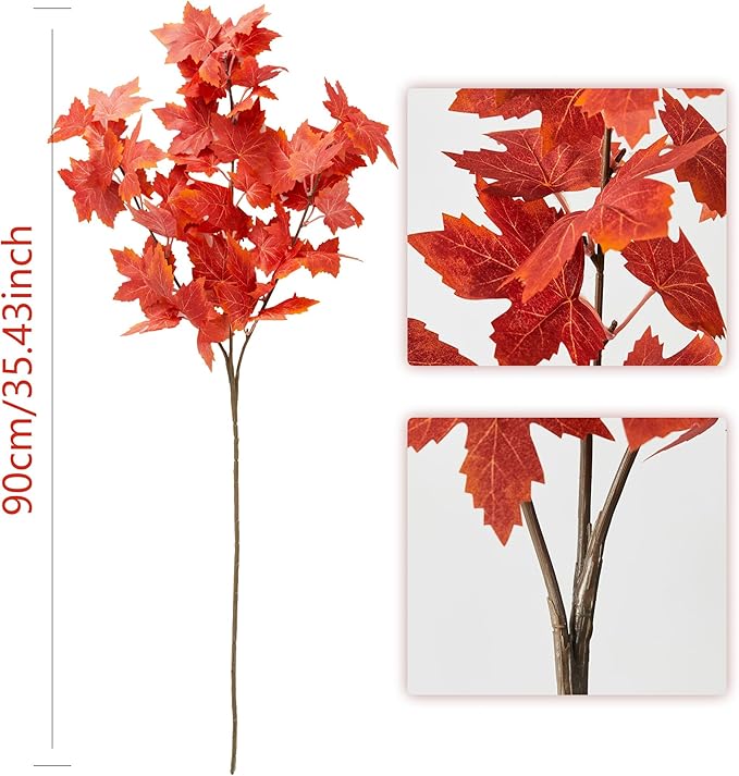 MISSPIN Thanksgiving Decorations 6 PCS Fall Decor Artificial Silk Maple Leaves Branches Set 35.43 Inch Fall Stems Faux Maple Leaves for Wedding Bouquet Table Centerpieces