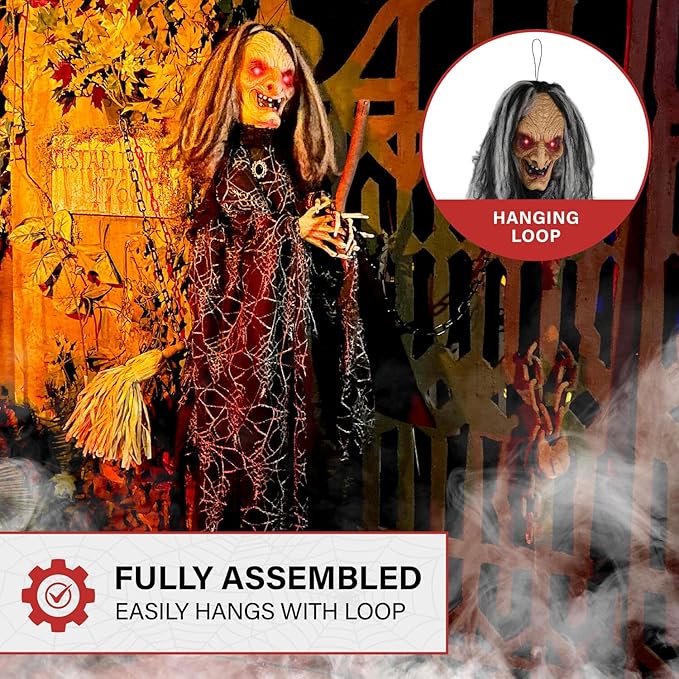 Haunted Hill Farm Animatronic Scary Witch Door Greeter with Touch Activated Lights and Sound, Battery-Operated Indoor or Covered Outdoor Halloween Decoration